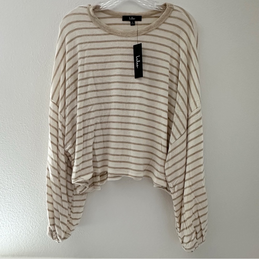 Lulu’s Act Casual White Beige Striped Cropped Pullover Sweater